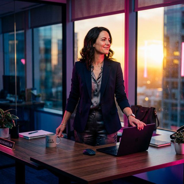 Woman standing confidently in an office at sunset